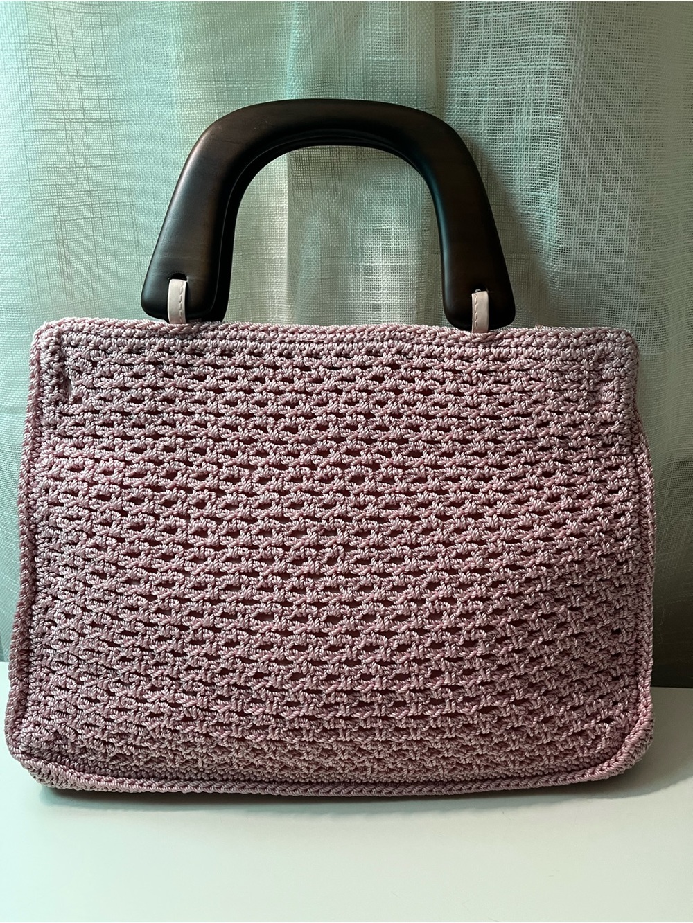 The SAK Pink Crochet Tote Bag with Brown Wooden Handles and Flower Appliqué - Picture 2 of 7